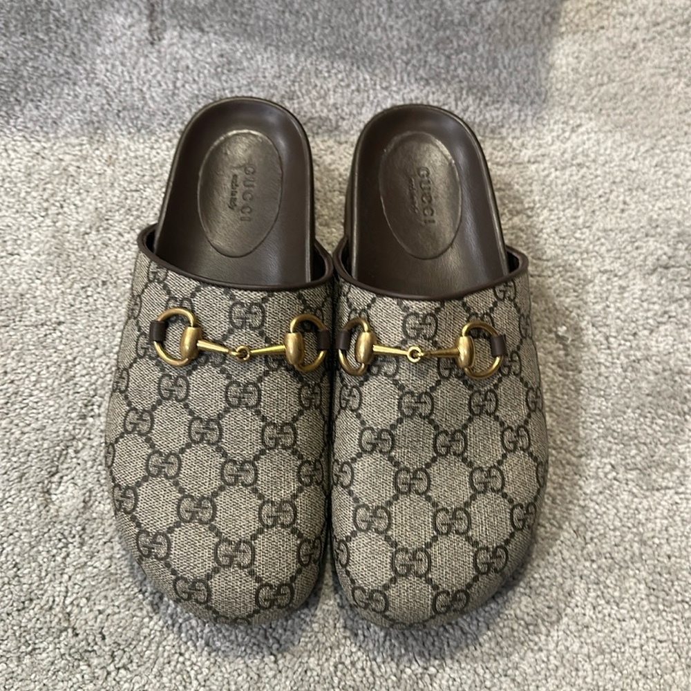 Gucci Gray and Brown Mules with Gold Horsebit